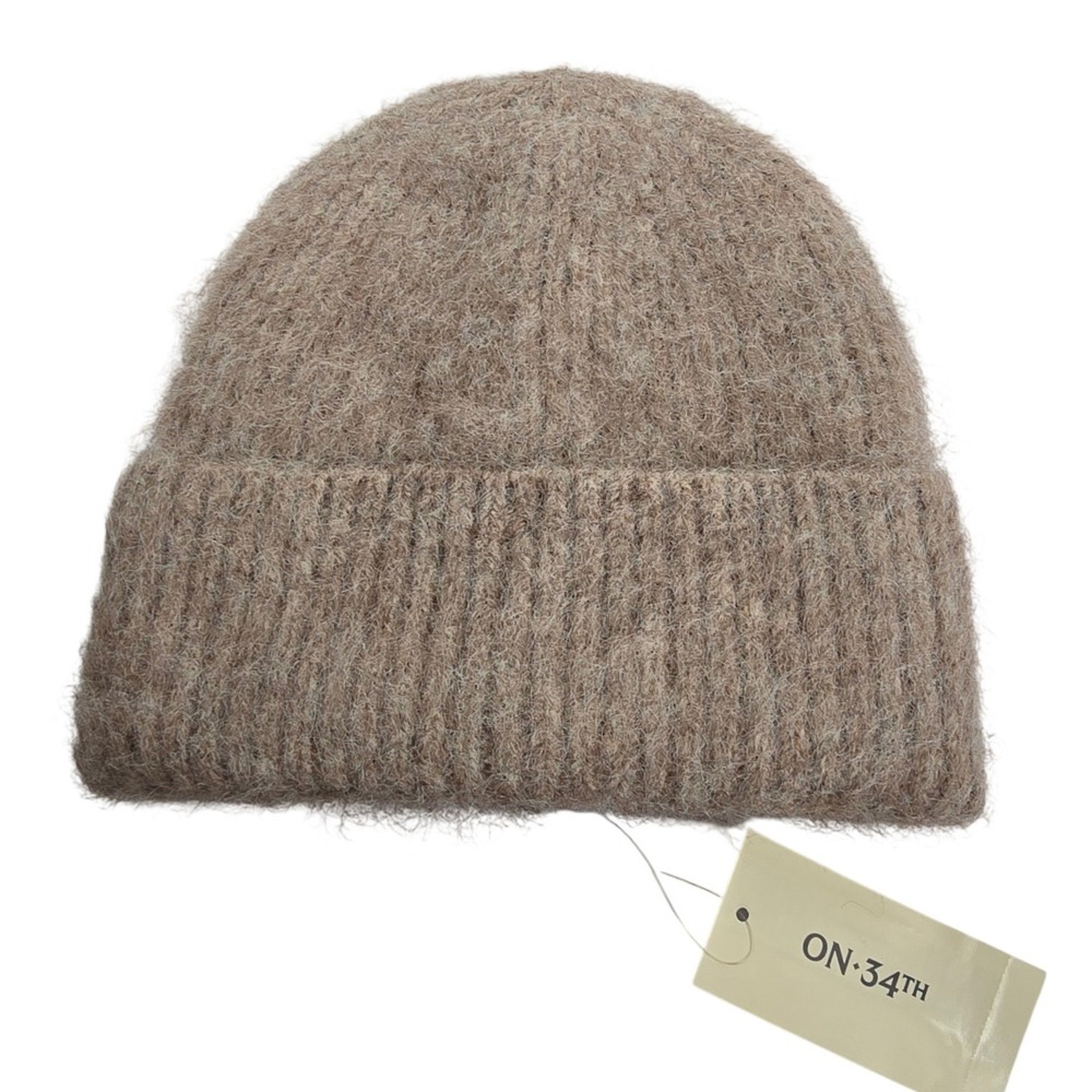 On 34th Womens Oat Fuzzy Knit Cuffed Wool Blend Beanie Hat OS NWT